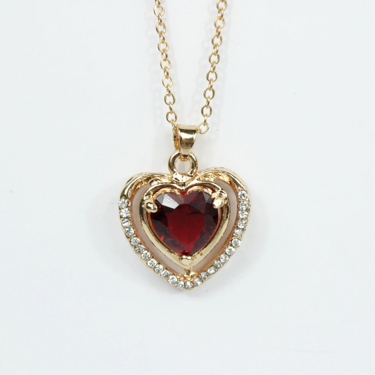 Yellow Gold Finish Created Diamond & Red Ruby Double Heart Pendant Necklace