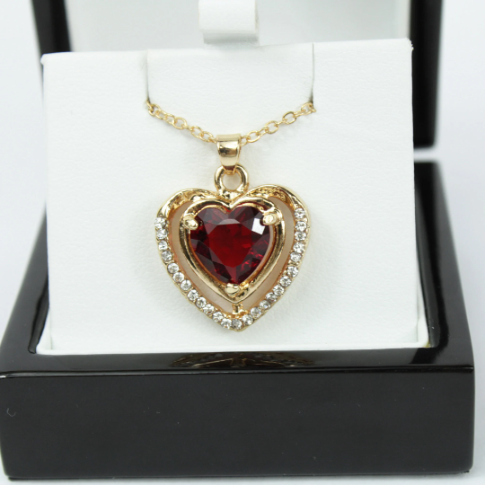 Yellow Gold Finish Created Diamond & Red Ruby Double Heart Pendant Necklace