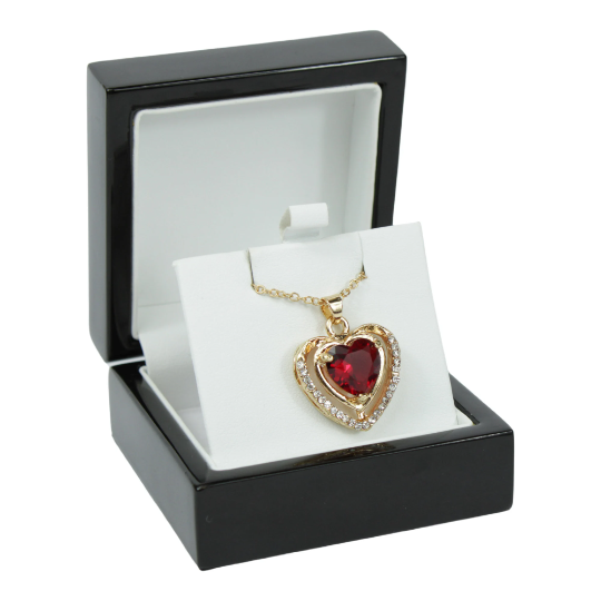 Yellow Gold Finish Created Diamond & Red Ruby Double Heart Pendant Necklace