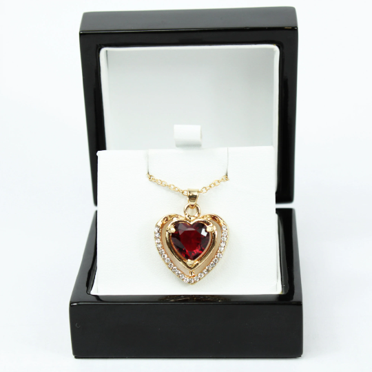 Yellow Gold Finish Created Diamond & Red Ruby Double Heart Pendant Necklace