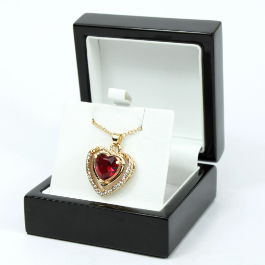 Yellow Gold Finish Created Diamond & Red Ruby Double Heart Pendant Necklace