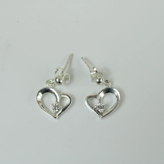 White Gold Finish Heart Shaped Single Created Diamond 3 Claw Dangle Earrings