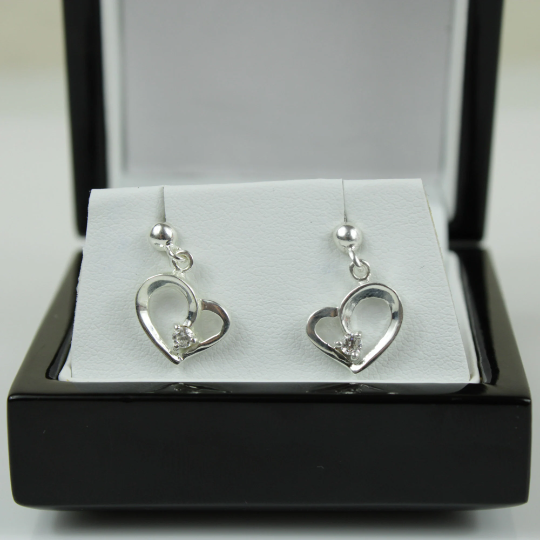 White Gold Finish Heart Shaped Single Created Diamond 3 Claw Dangle Earrings