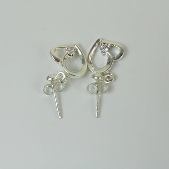 White Gold Finish Heart Shaped Single Created Diamond 3 Claw Dangle Earrings