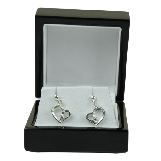 White Gold Finish Heart Shaped Single Created Diamond 3 Claw Dangle Earrings