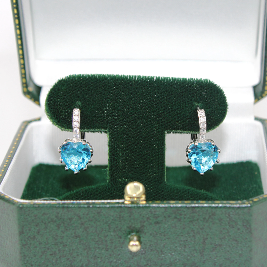 White Gold Plated Blue Topaz Heart Drop Earrings | Dangle Created Diamond Jewellery