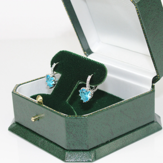 White Gold Plated Blue Topaz Heart Drop Earrings | Dangle Created Diamond Jewellery