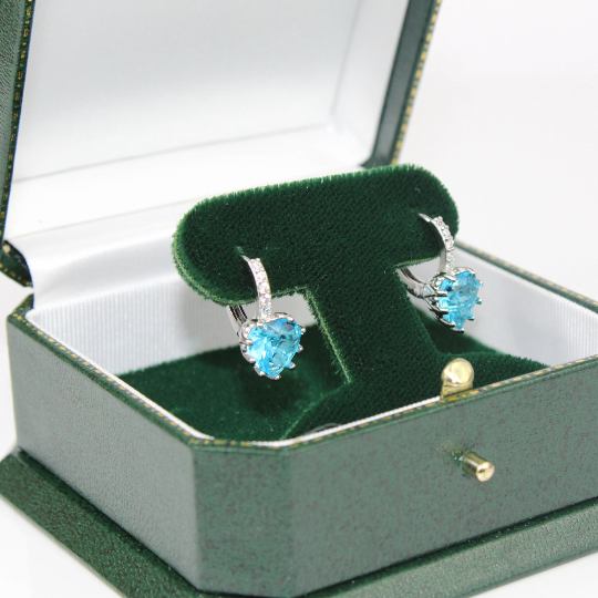 White Gold Plated Blue Topaz Heart Drop Earrings | Dangle Created Diamond Jewellery