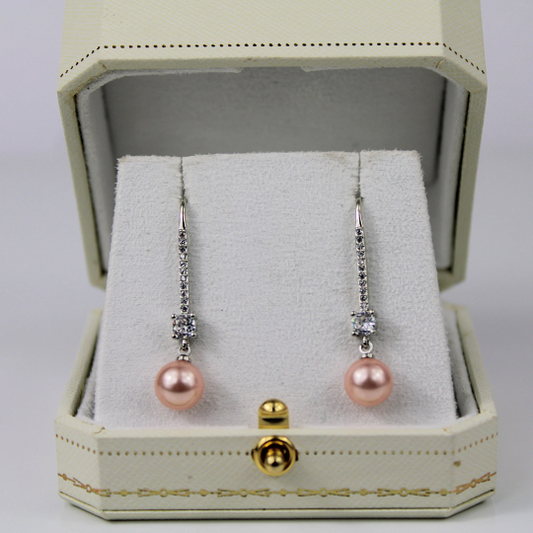 WHITE GOLD FINISH Rose Gold Pearl Ball Dangle Created Diamond Earrings