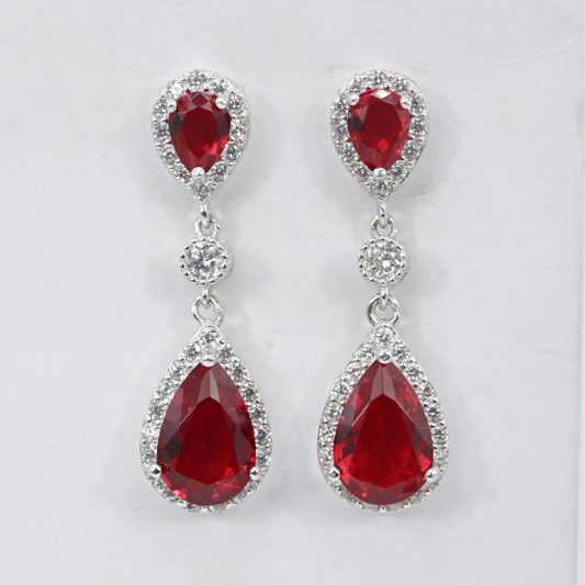 WHITE GOLD FINISH Created Diamond Red Ruby Pear Cut Dangle Drop Earrings