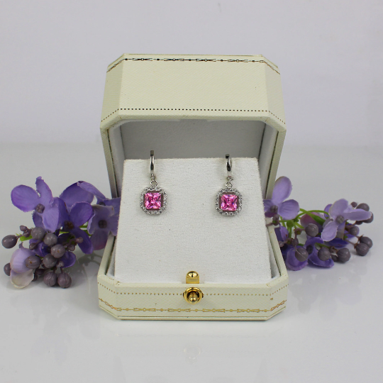 WHITE GOLD FINISH Pink Tourmaline Princess Cut Created Dimond Dangle Earrings