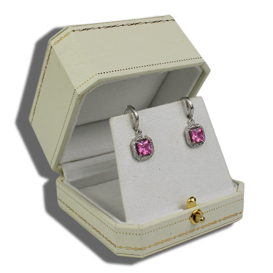 WHITE GOLD FINISH Pink Tourmaline Princess Cut Created Dimond Dangle Earrings