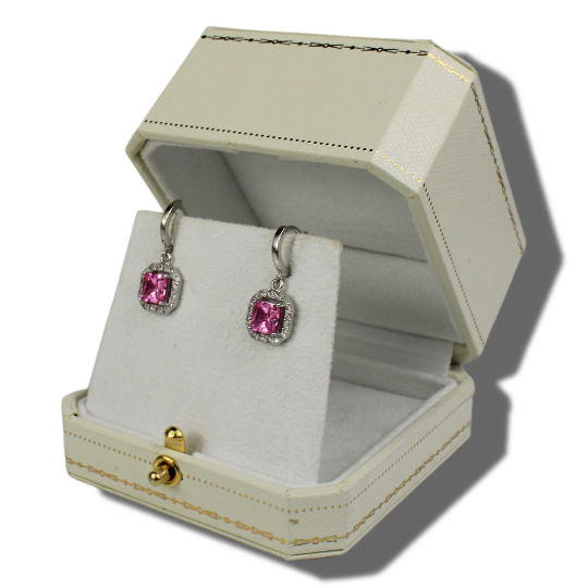 WHITE GOLD FINISH Pink Tourmaline Princess Cut Created Dimond Dangle Earrings