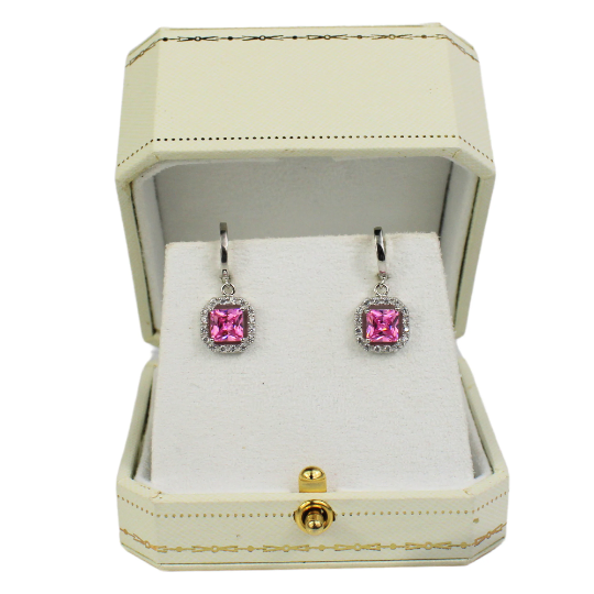 WHITE GOLD FINISH Pink Tourmaline Princess Cut Created Dimond Dangle Earrings