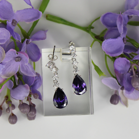 WHITE GOLD FINISH Purple Amethyst Pear Cut Created Diamond Dangle Drop Stud Earrings