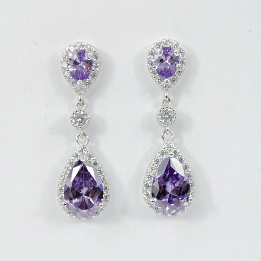 WHITE GOLD FINISH Created Diamond & Amethyst Double Pear Cut Dangle Earrings