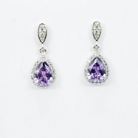 WHITE GOLD FINISH Amethyst Pear Cut Halo Dangle Earrings