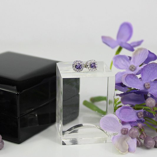 WHITE GOLD FINISH Purple Amethyst Princess Cut Small Cluster Created Diamond Stud Earrings
