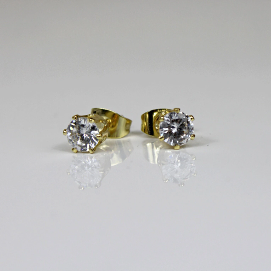 YELLOW GOLD FINISH Round Cut Created Diamond 6 Claw Stud Earrings