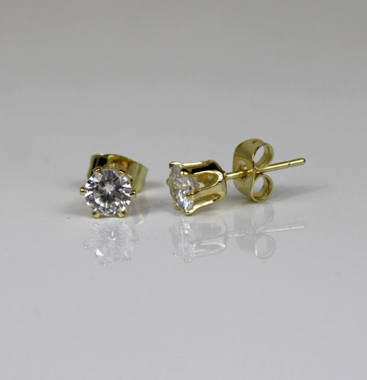 YELLOW GOLD FINISH Round Cut Created Diamond 6 Claw Stud Earrings