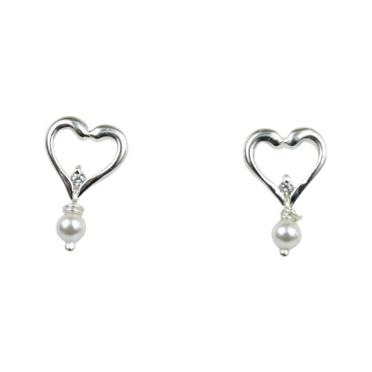 White Gold Finish Heart Design Pearl Stud Earrings