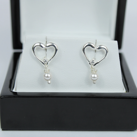 White Gold Finish Heart Design Pearl Stud Earrings