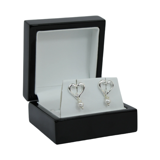 White Gold Finish Heart Design Pearl Stud Earrings