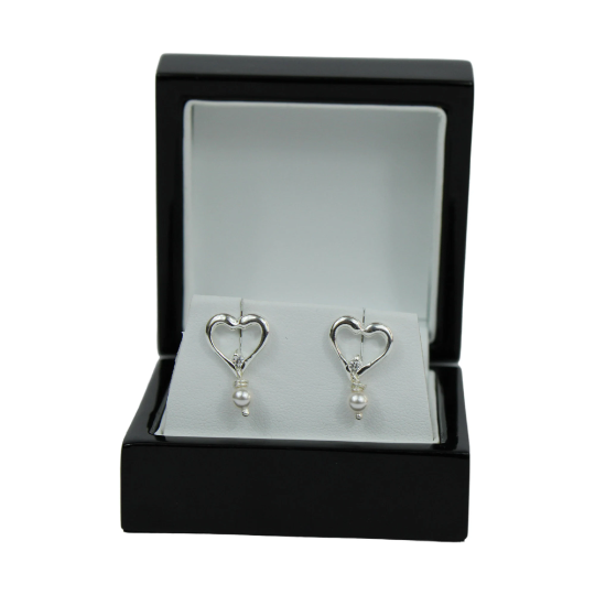 White Gold Finish Heart Design Pearl Stud Earrings