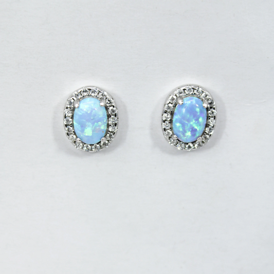 WHITE GOLD FINISH Blue Mystical Opal Oval Cut Stud Earrings
