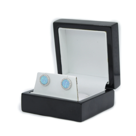 WHITE GOLD FINISH Blue Mystical Opal Circle Cut Stud Earrings