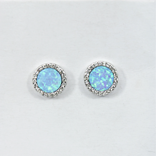 WHITE GOLD FINISH Blue Mystical Opal Circle Cut Stud Earrings