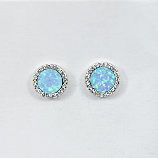 WHITE GOLD FINISH Blue Mystical Opal Circle Cut Stud Earrings