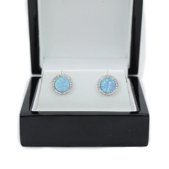 WHITE GOLD FINISH Blue Mystical Opal Circle Cut Stud Earrings