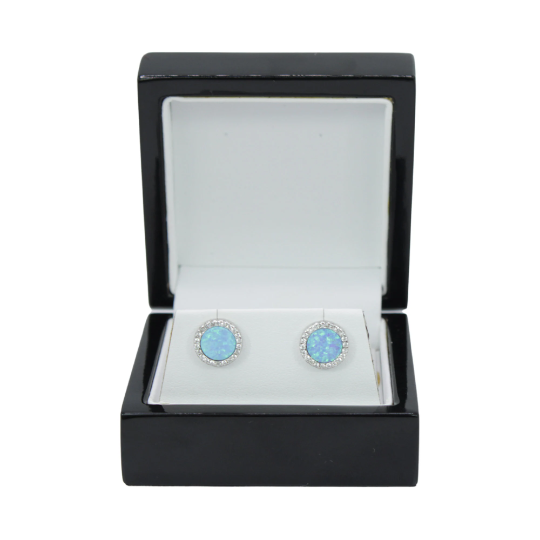 WHITE GOLD FINISH Blue Mystical Opal Circle Cut Stud Earrings