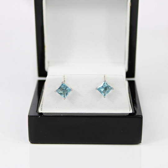 WHITE GOLD FINISH Blue Topaz Princess Cut Created Diamond Stud Earrings