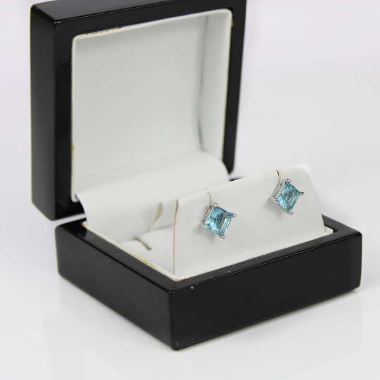 WHITE GOLD FINISH Blue Topaz Princess Cut Created Diamond Stud Earrings