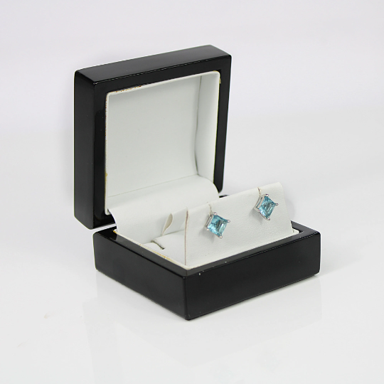 WHITE GOLD FINISH Blue Topaz Princess Cut Created Diamond Stud Earrings