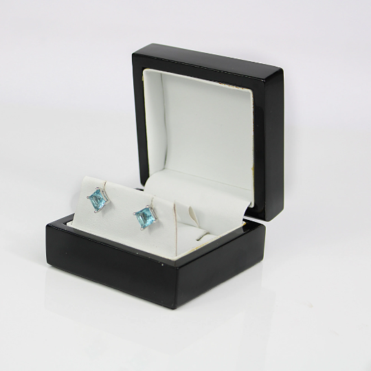 WHITE GOLD FINISH Blue Topaz Princess Cut Created Diamond Stud Earrings