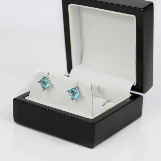 WHITE GOLD FINISH Blue Topaz Princess Cut Created Diamond Stud Earrings