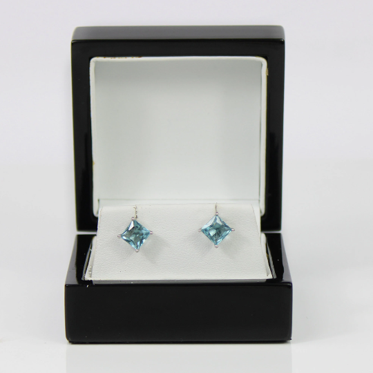 WHITE GOLD FINISH Blue Topaz Princess Cut Created Diamond Stud Earrings