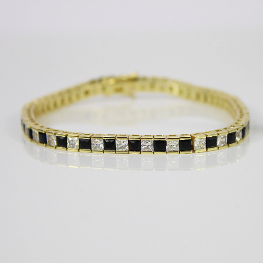 YELLOW GOLD FINISH Black Onyx Princess Cut Created Diamond Bracelet