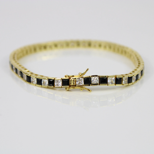 YELLOW GOLD FINISH Black Onyx Princess Cut Created Diamond Bracelet