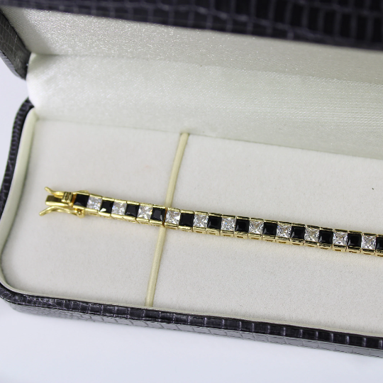 YELLOW GOLD FINISH Black Onyx Princess Cut Created Diamond Bracelet