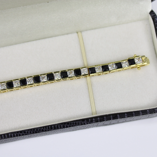 YELLOW GOLD FINISH Black Onyx Princess Cut Created Diamond Bracelet