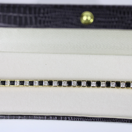 YELLOW GOLD FINISH Black Onyx Princess Cut Created Diamond Bracelet