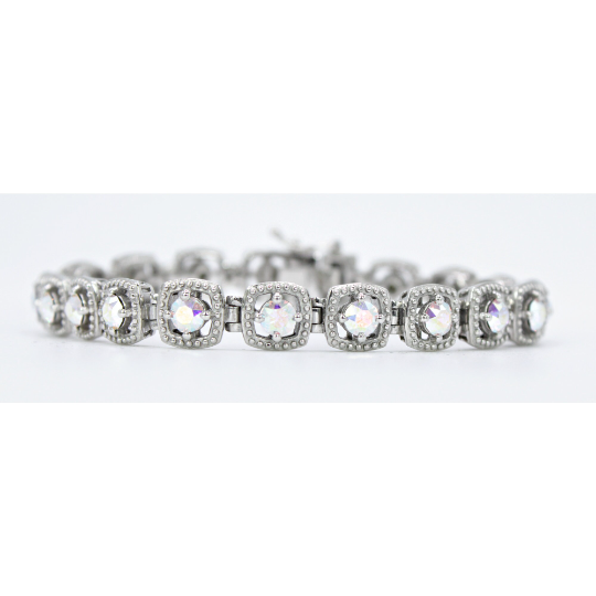 WHITE GOLD FINISH Created Diamond And Mystical Opal Cushion Cut Bracelet