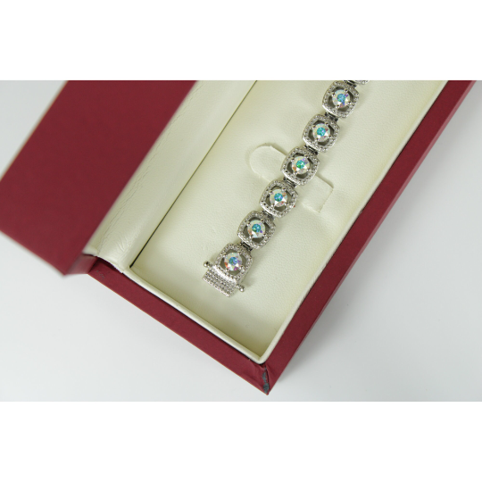 WHITE GOLD FINISH Created Diamond And Mystical Opal Cushion Cut Bracelet