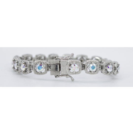 WHITE GOLD FINISH Created Diamond And Mystical Opal Cushion Cut Bracelet