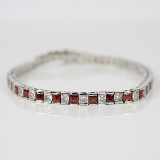 WHITE GOLD FINISH Red Garnet Princess Cut Created Diamond Bracelet