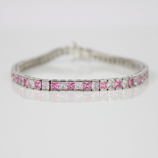 WHITE GOLD FINISH Pink Tourmaline Princess Cut Created Diamond Bracelet